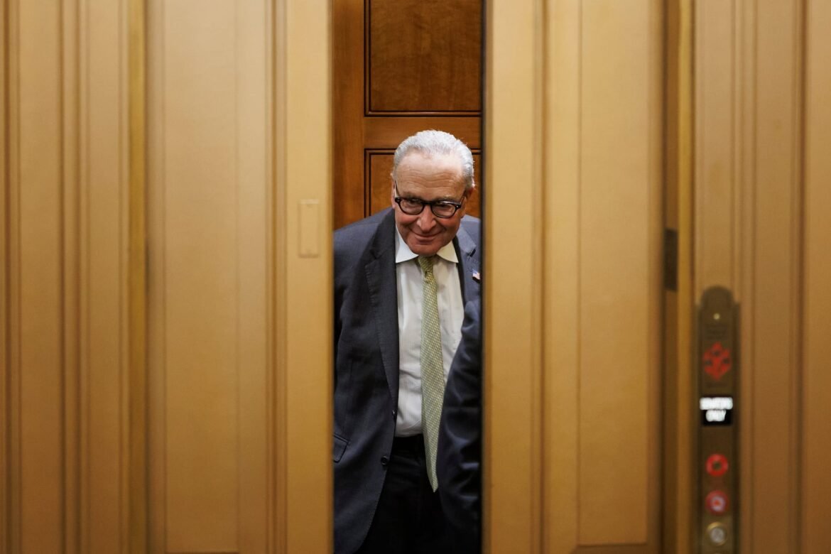 Senate Minority Leader Chuck Schumer, D-N.Y., enters an elevator at the U.S. Capitol, Friday, March 20, 2026, in Washington. (AP Photo/Tom Brenner)