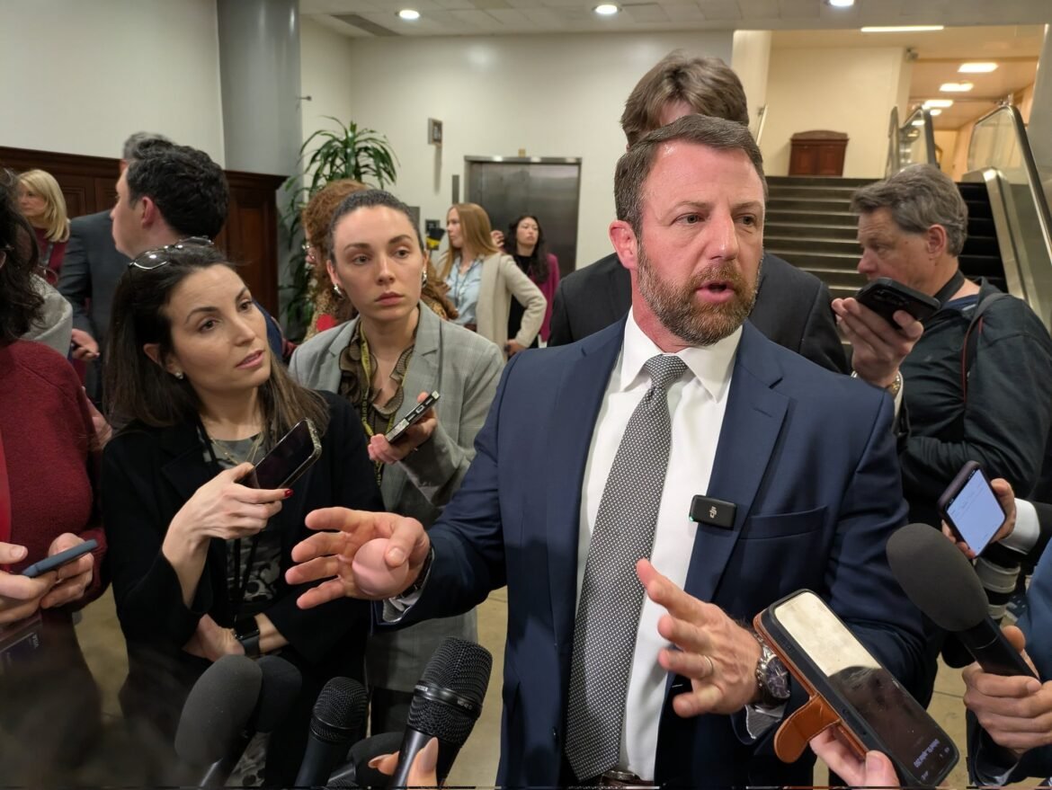 Sen. Markwayne Mullin, R-Okla., speaks to reporters at the U.S. Capitol on March 3, 2026. (Photo by Ashley Murray/States Newsroom)