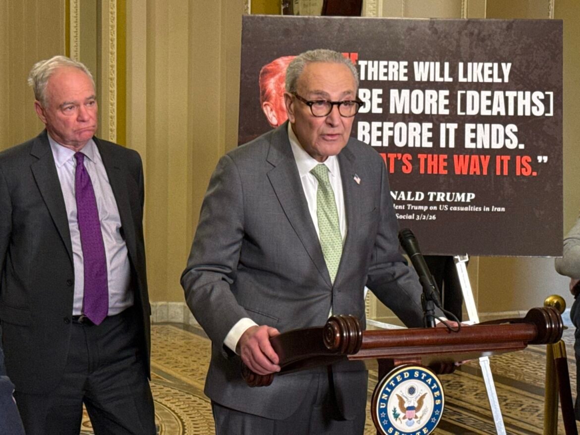 Senate Minority Leader Chuck Schumer, D-N.Y., speaks with reporters during a press conference in the Ohio Clock Corridor of the U.S. Capitol building in Washington, D.C., on Tuesday, March 3, 2026. At left is Virginia Democratic Sen. Tim Kaine. (Photo by Jennifer Shutt/States Newsroom)