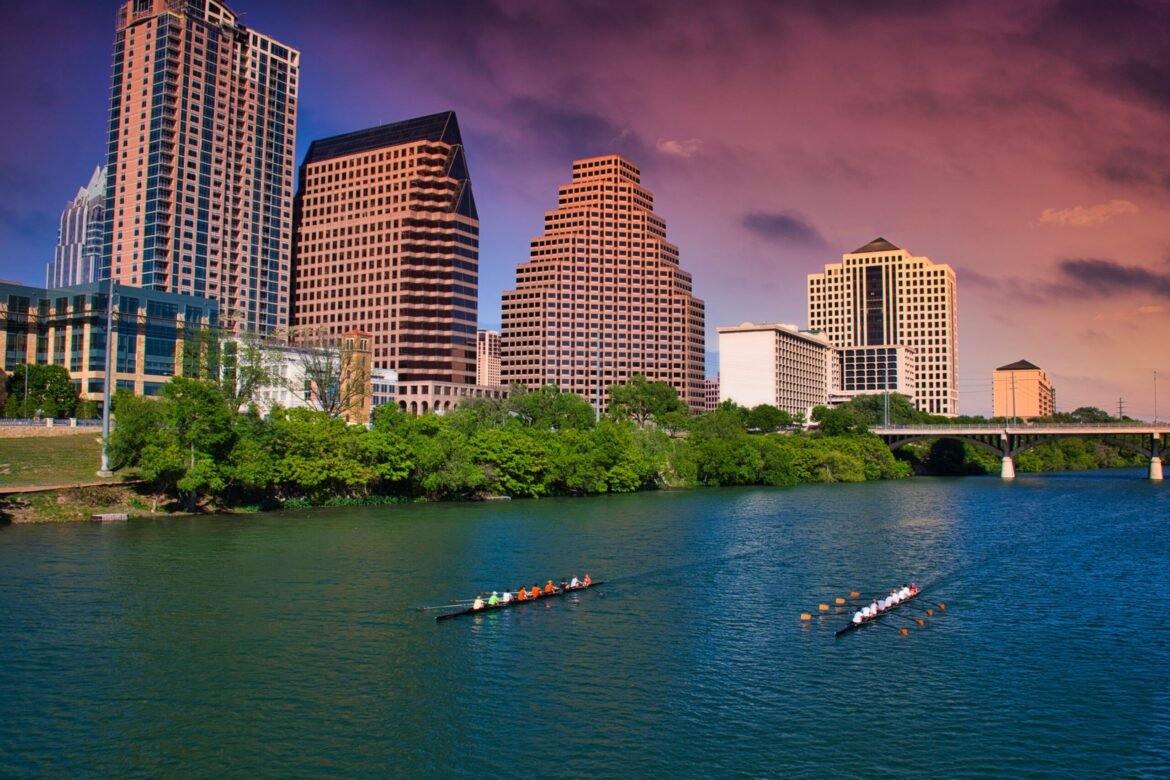 View of the cityscape above Lady Bird Lake, Austin, Texas