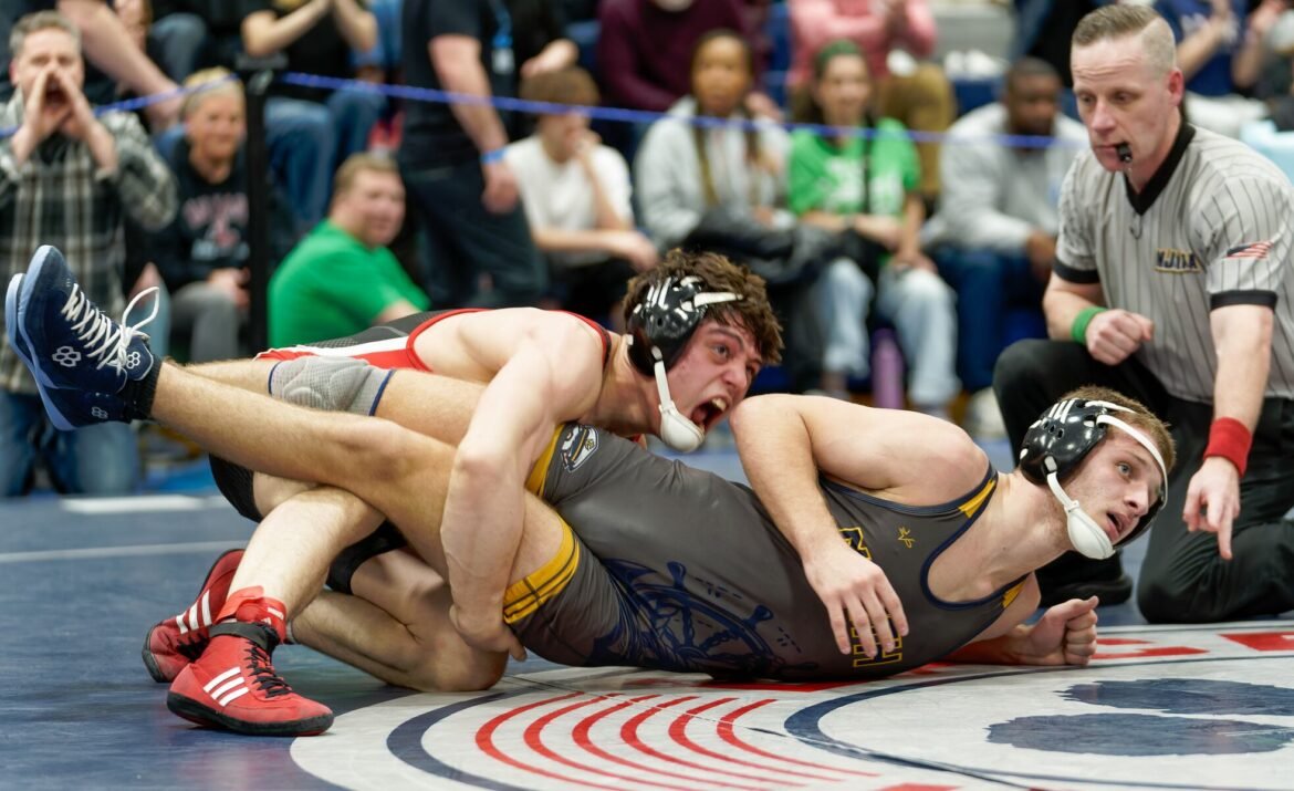 Cinnaminson's Max Frey lets out a yell after securing go-ahead back points in the tiebreaker period against Toms River North's Justin Cauldwell during the NJSIAA Region 7 wrestling tournament on Friday, March 6, 2026 at Lacey Township High School in Lanoka Harbor.