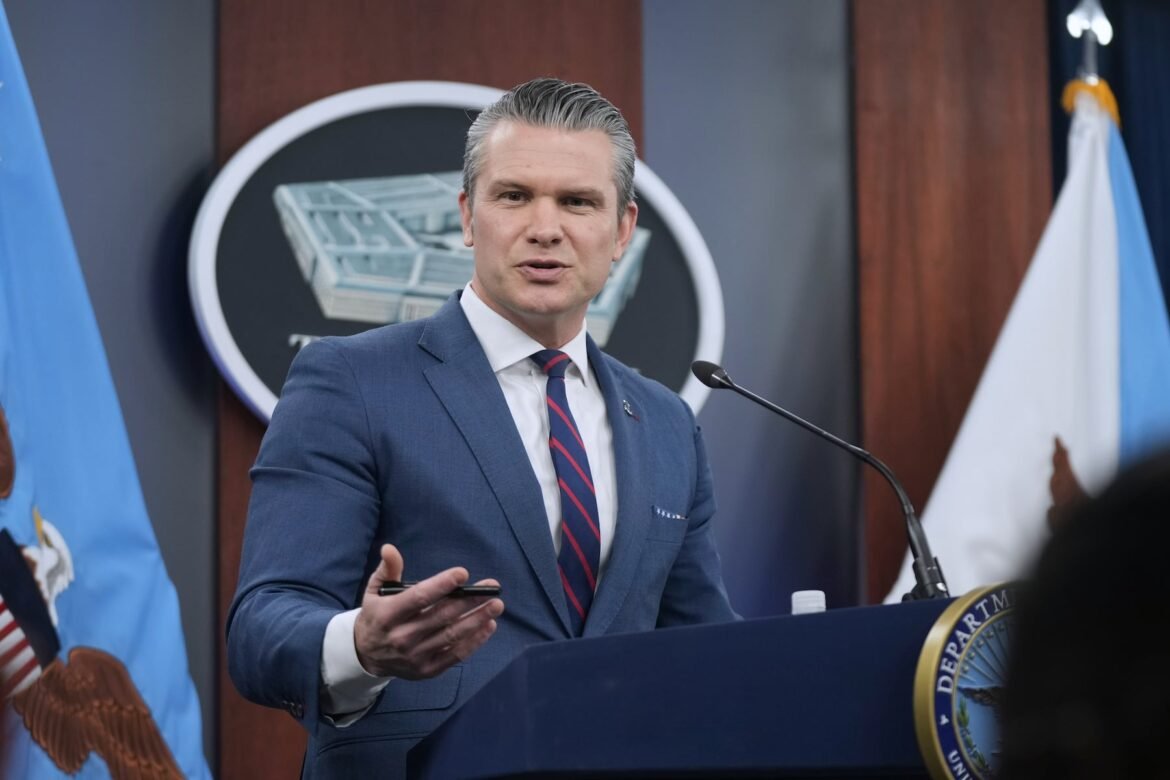 Defense Secretary Pete Hegseth speaks during a press briefing at the Pentagon, Monday, March 2, 2026, in Washington. (AP Photo/Mark Schiefelbein)
