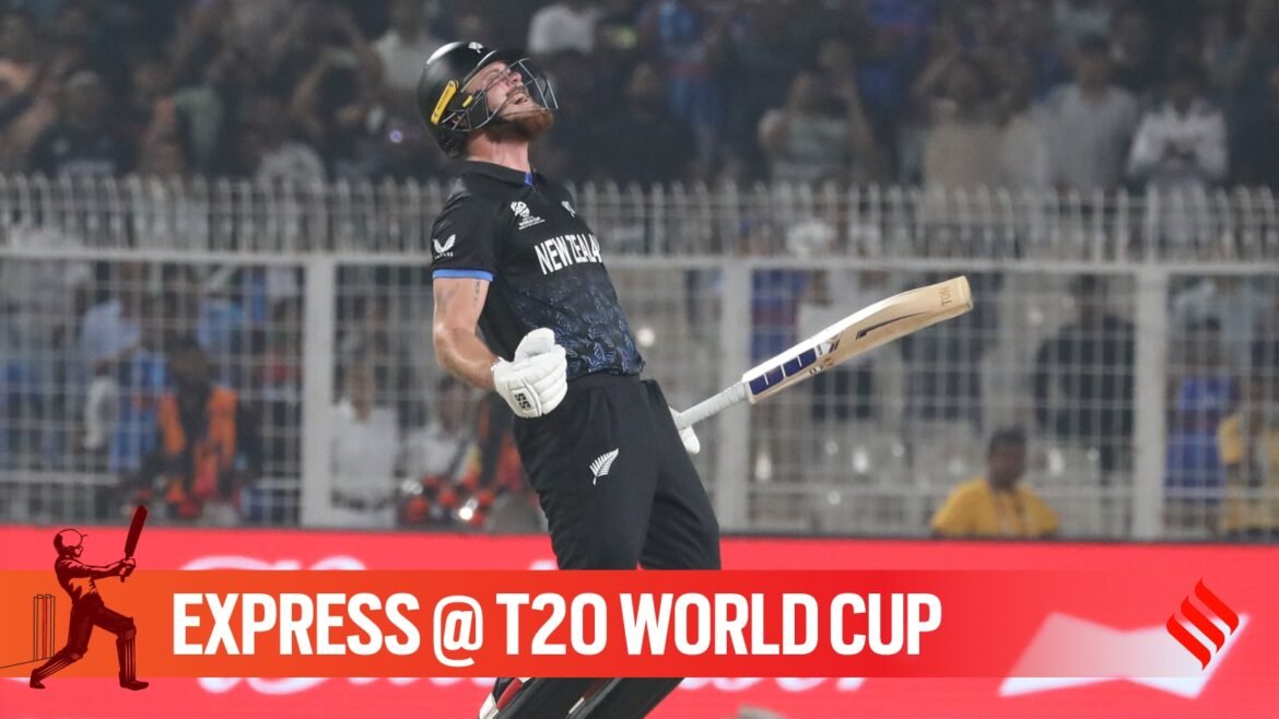 Finn Allen recorded the fastest T20 World Cup ton to help New Zealand thrash South Africa in the semifinal. (Express photo by Partha Paul)