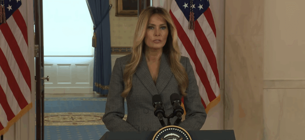 First lady Melania Trump makes a brief statement to deny any connection with late sex offender Jeffrey Epstein on April 9, 2026. (Image via White House livestream)