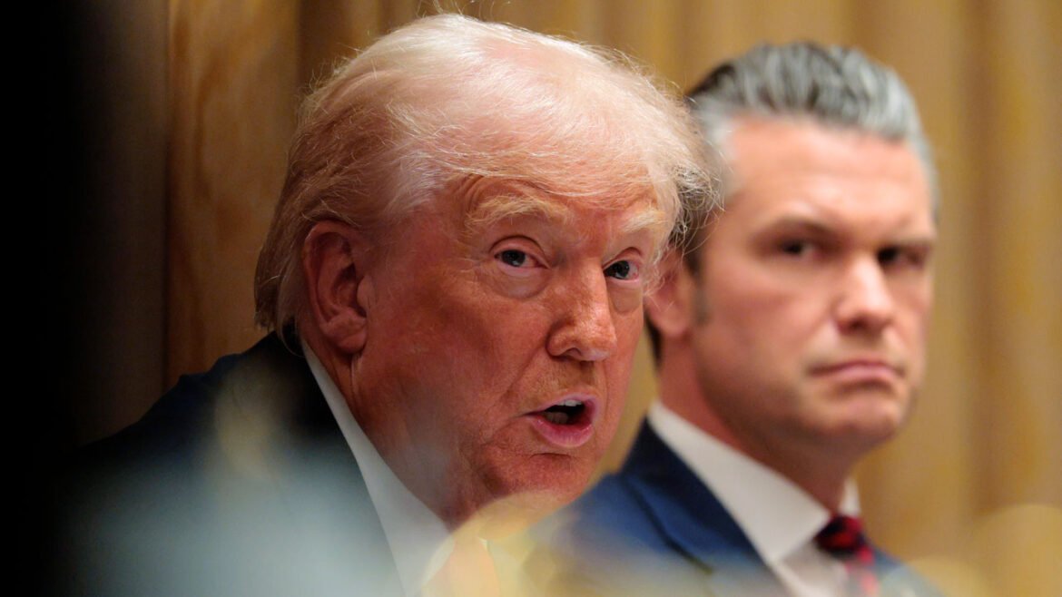 Close-up of President Donald Trump and an intense-looking Pete Hegseth.