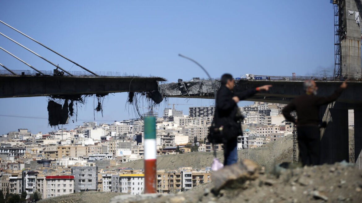 Significant sections of the B1 Bridge are seen destroyed after an airstrike attributed to the United States and Israel targeted the site near Tehran, in Karaj, Iran.