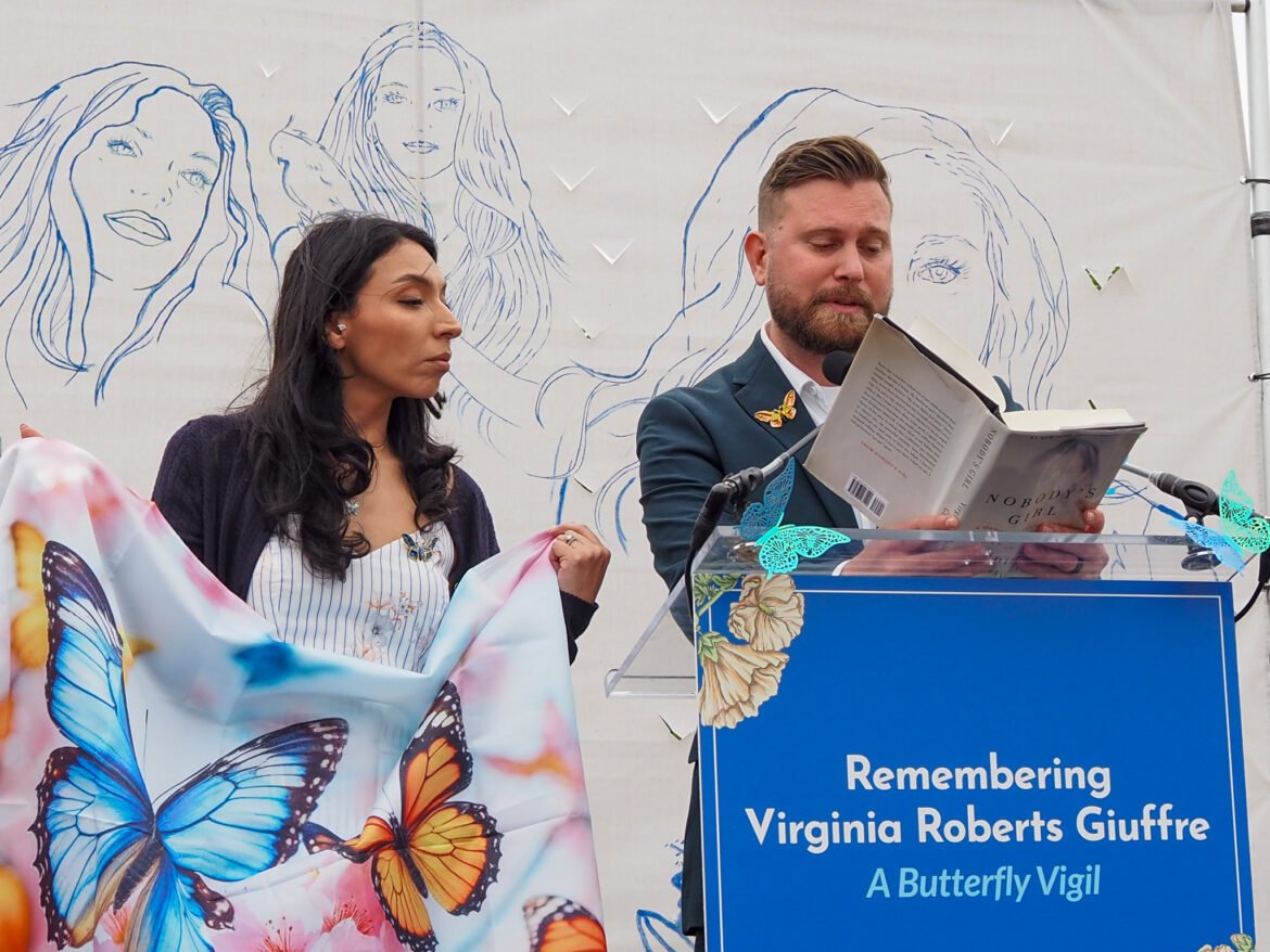 Amanda and Sky Roberts, sister-in-law and brother of the late Virginia Roberts Giuffre, read from her posthumous memoir in Washington, D.C., on Saturday, April 25, 2026. (Photo by Ashley Murray/States Newsroom)
