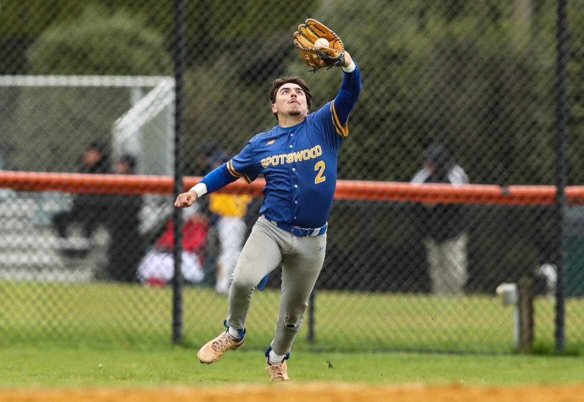 Sebby Saracino (2) of Spotswood runs down a fly ball for an out during the Downbeach Coaches Vs. Cancer baseball game between Spotswood and Holy Spirit at Jerome Avenue Fields in Margate City, NJ on 4/26/26.