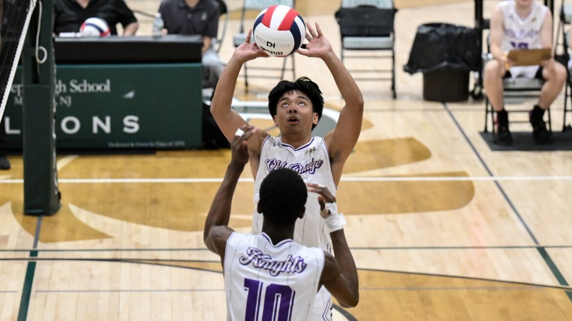 Jonah Pagulayan (1) of Old Bridge sets the ball during the boys volleyball match between St. Joseph (Metuchen) and Old Bridge at St. Joseph High School in Metuchen, NJ on Tuesday. April 14, 2026