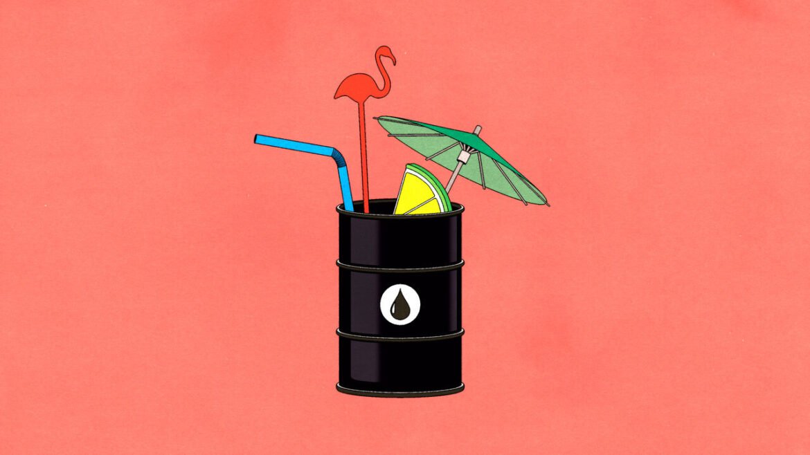 Illustration of an oil drum with a straw, a paper umbrella, a flamingo stirrer and a lime slice inside, as if it was a cocktail.