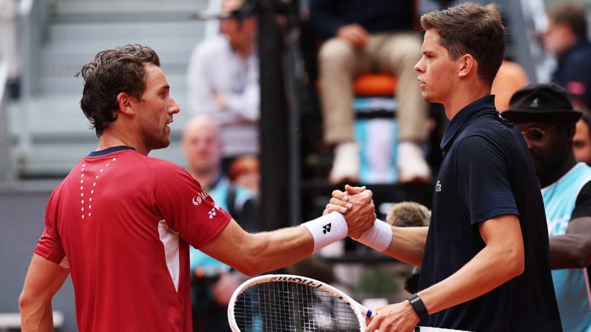 Casper Ruud falls to Alexander Blockx in straight sets in Madrid on Thursday. 