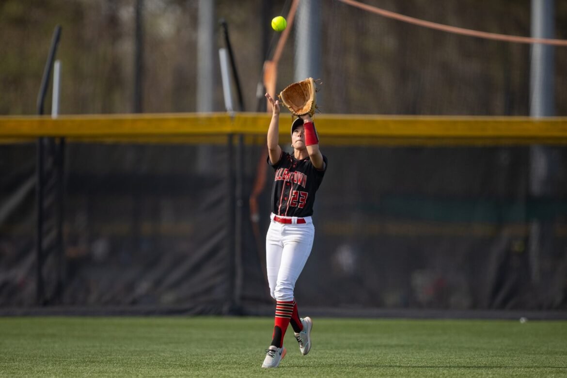 Angelina Minerva (23) of Allentown catches a fly ball against Red Bank Catholic at Adventure Sports and Entertainment in Jackson, NJ on Saturday, April 18, 2026.