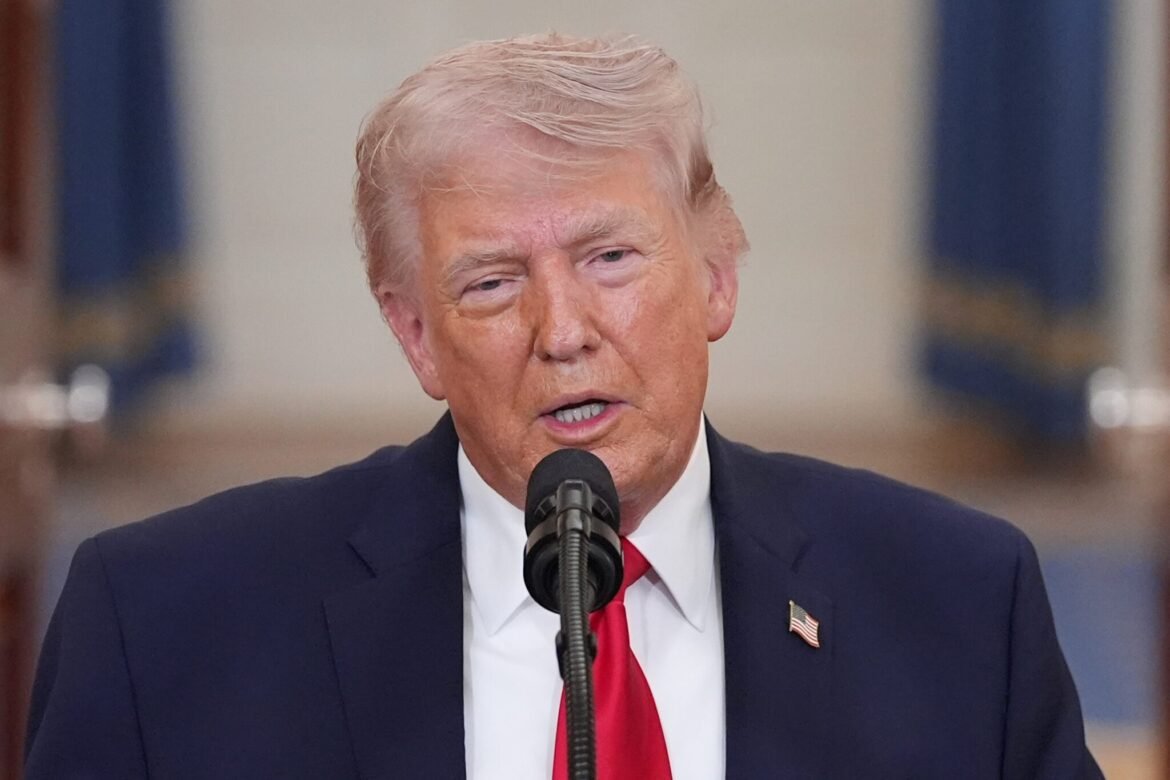 U.S. President Donald Trump speaks from the Cross Hall of the White House on April 1, 2026 in Washington, DC. Trump used the prime-time address to update the nation on the war in Iran. (Photo by Alex Brandon-Pool/Getty Images)