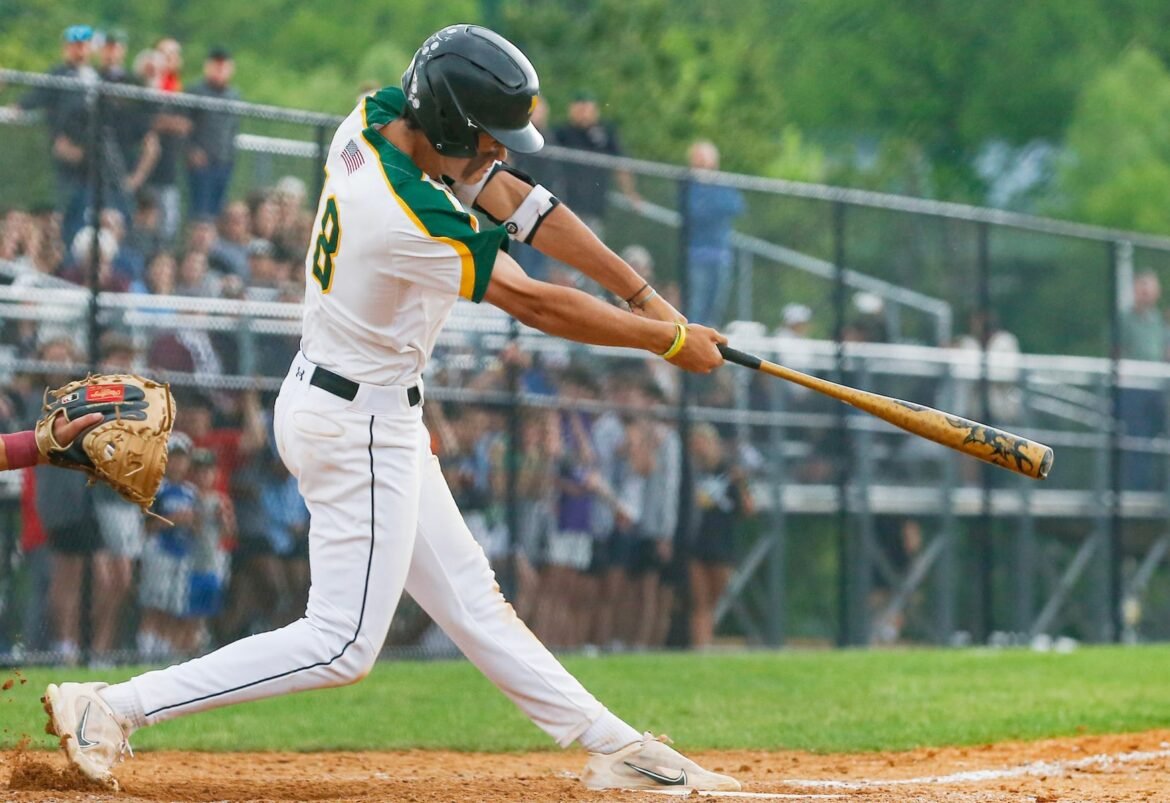 Alex Famolari (18) of North Hunterdon singles during the Hunterdon/Warren/Sussex Tournament final baseball game between North Hunterdon and Phillipsburg at Phillipsburg High School in Phillipsburg, NJ on 5/17/24.