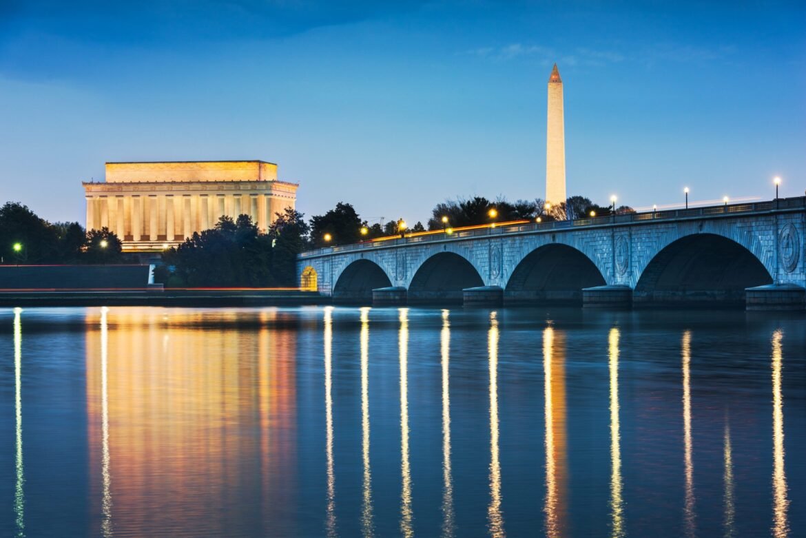 Washington DC, USA skyline on the Potomac River at night with long reflections