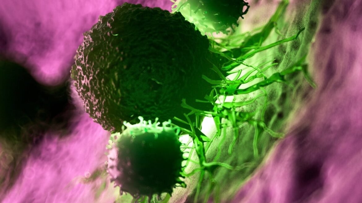 Scientific illustration of green cancer cells being attacked by immune cells