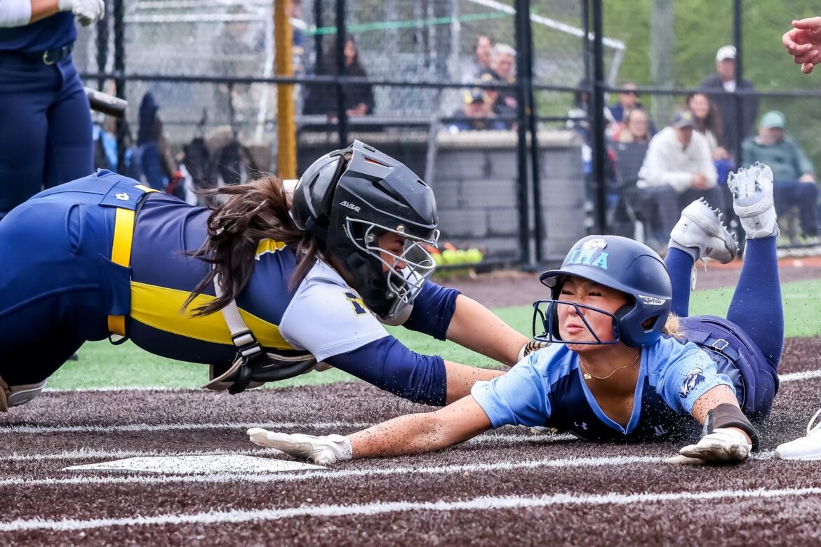 Reese Grinberg (24) of Marlboro tags out Ariana Lee (11) of Immaculate Heart at the plate during the 2026 Black and Gold Softball Invitational at Panther Park in Cedar Grove, NJ on Sunday, April 26, 2026.