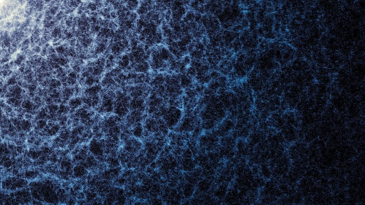 A blue and white map against a dark background. The denser areas indicate regions where galaxies and galaxy clusters have clumped together to form the strands of the cosmic web. 