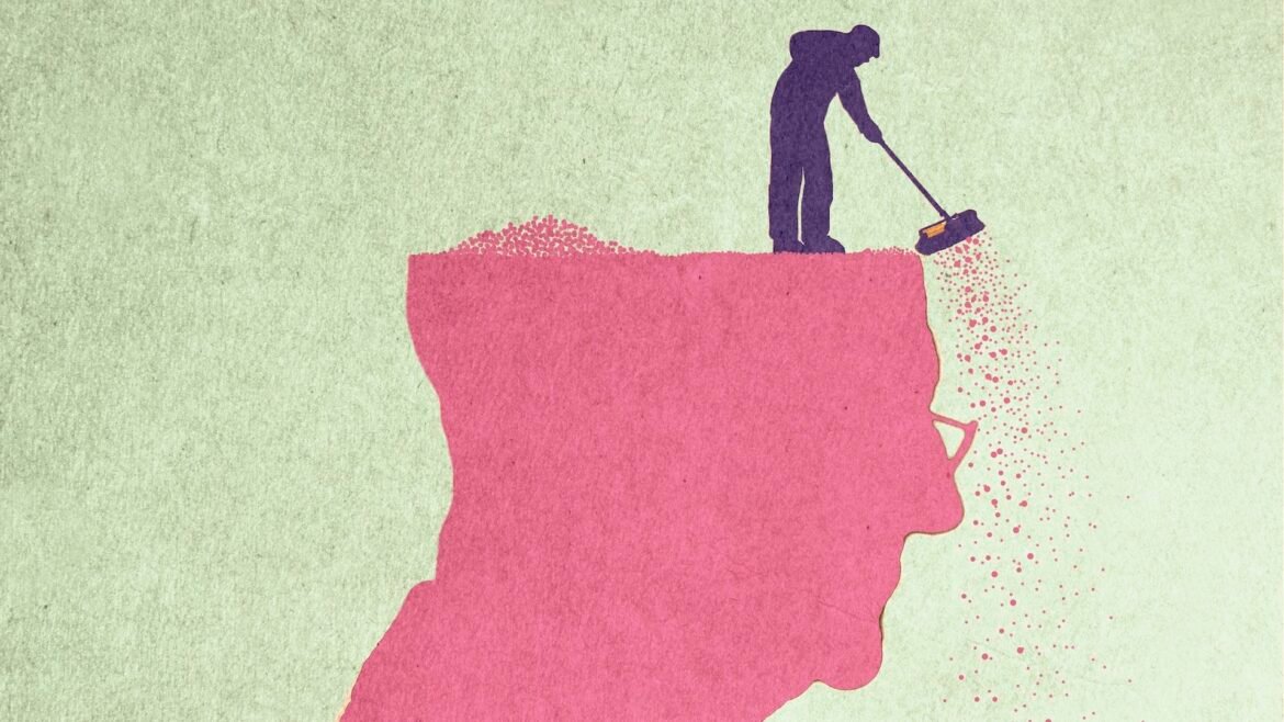 an illustration with the silhouette of an older man, with a smaller silhouette of a man sweeping bits of dust off the top of the older man's head