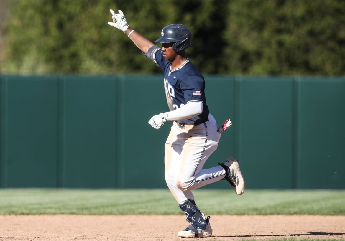 Jordan Burwell (22) of Seton Hall Prep reacts as he rounds the bases after a monster home run during the Mid-Atlantic Baseball Challenge between Seton Hall Prep and Iona Prep at The Delbarton School in Morristown, NJ on 4/11/26.