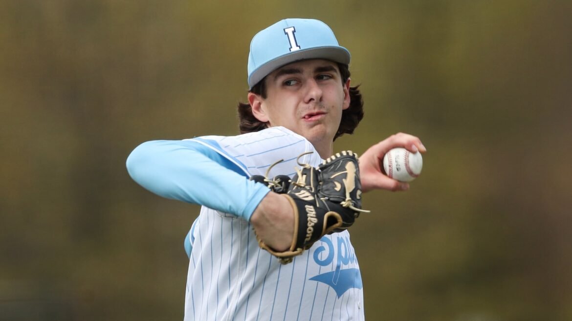 Ryan Auten (22) of Immaculata pitches during the baseball game between Immaculata and Ridge at Diamond Nation in Flemington, NJ on 4/22/26.