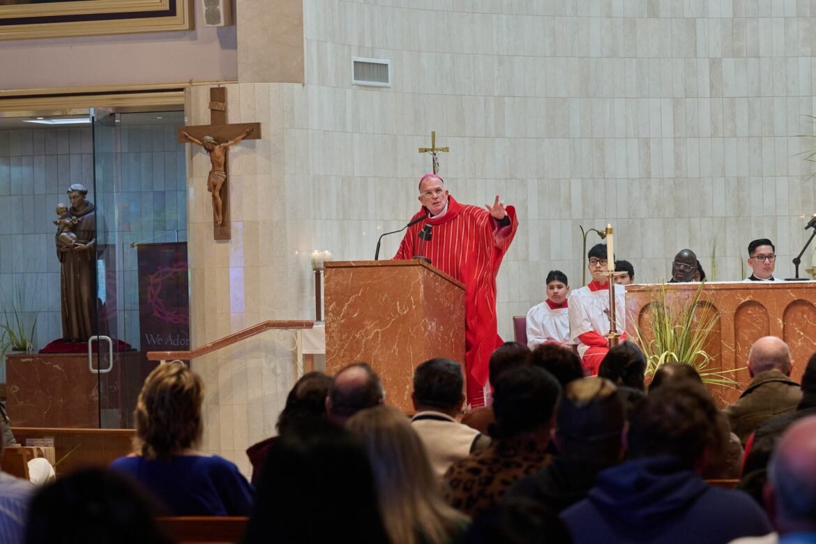 Bishop David M. O'Connell, CM,Ê10th Bishop of Trenton delivers the homily during Palm Sunday mass at St. Anthony of Padua Catholic Church in Hightstown, New Jersey. 