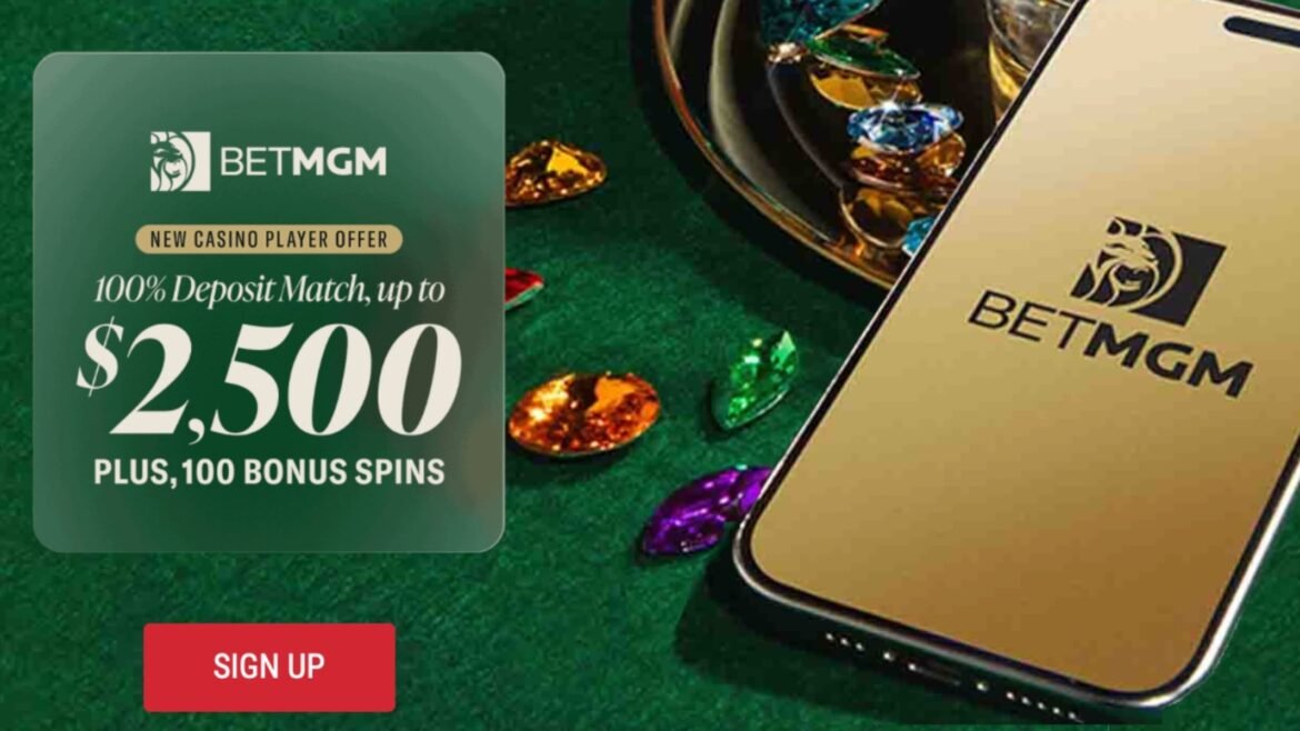 New players at BetMGM Casino can unlock a 100% deposit match up to $2,500, plus get 100 bonus spins with promo code NJCOM.