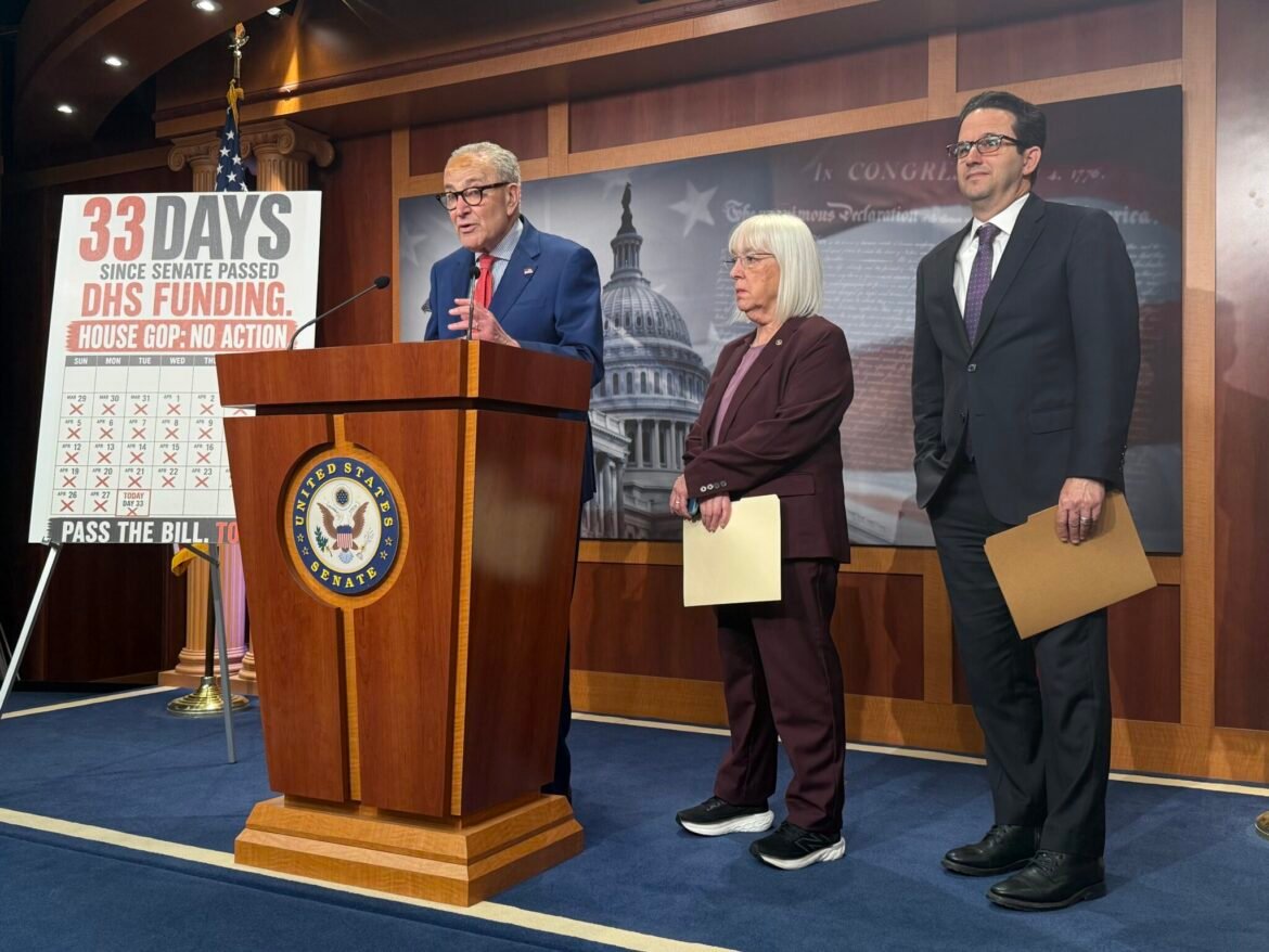 Senate Minority Leader Chuck Schumer, D-N.Y., speaks during a press conference at the Capitol in Washington, D.C., on Tuesday, April 28, 2026. Standing center is Washington Democratic Sen. Patty Murray and at right is Hawaii Democratic Sen. Brian Schatz. (Photo by Jennifer Shutt/States Newsroom)