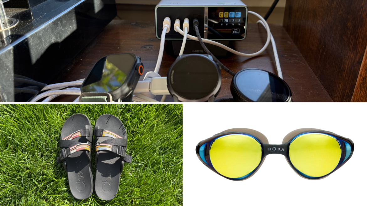 An image showing a charging station, sandals and goggles to illustrate what the Triathlete editors loved this month.