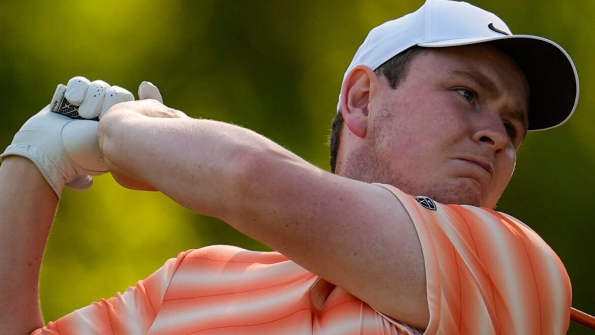 Robert Macintyre, of Scotland, hits from the third tee during the first round at the RBC Heritage golf tournament,..Thursday, April 16, 2026, in Hilton Head Island, S.C. (AP Photo/Mike Stewart)