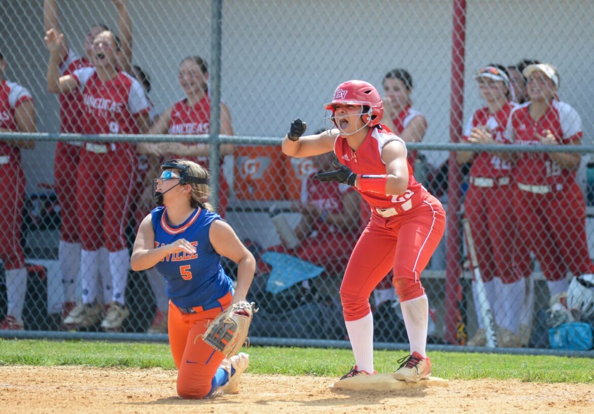 Jiada Sanchez (25) of Rancocas Valley reacts after reaching third base during a South Jersey Group 4 quarterfinal softball game against Millville at Rancocas Valley Sports Complex in Eastampton, Friday, May 30, 2025.