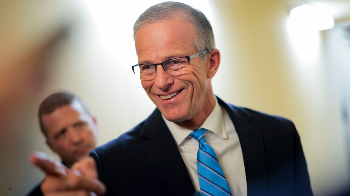 Senate Majority Leader John Thune speaks to reporters in the Capitol.