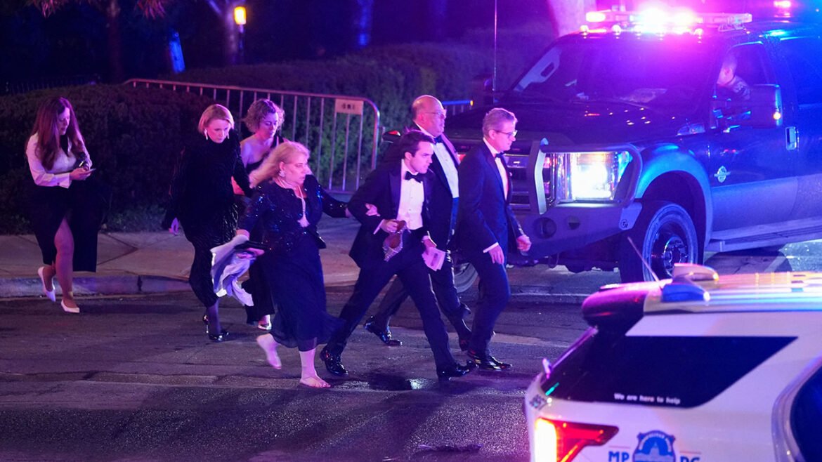 White House Correspondents Dinner attendees leave after shots fired.