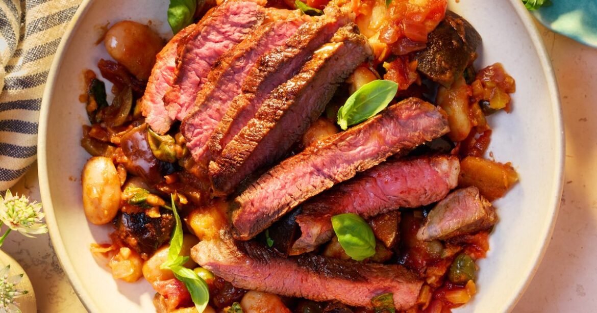 Smoky steak with caponata butter beans recipe