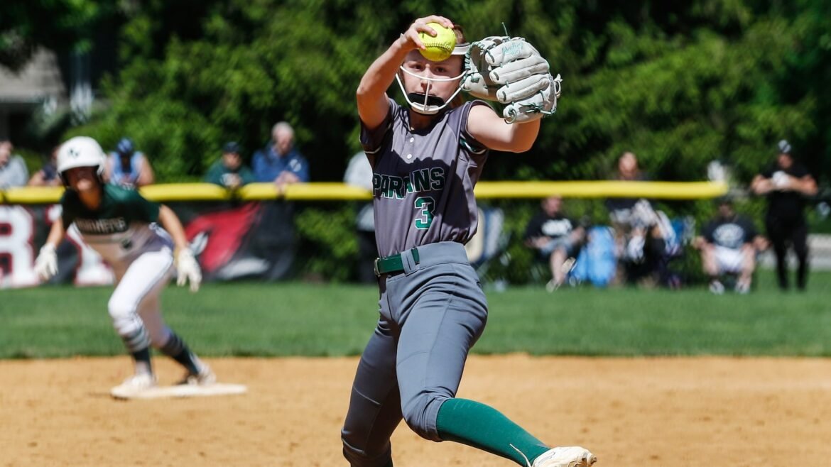 Abby Kiem (3) of DePaul pitches during the Passaic County Tournament softball final between Passaic Valley and DePaul at Independence Park in Riverdale, NJ on 5/10/25.