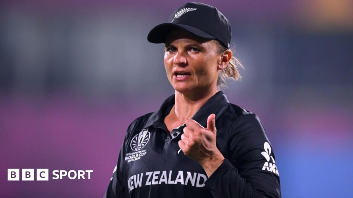 Suzie Bates of New Zealand gestures during the ICC Women's Cricket World Cup India 2025 match between New Zealand and Bangladesh