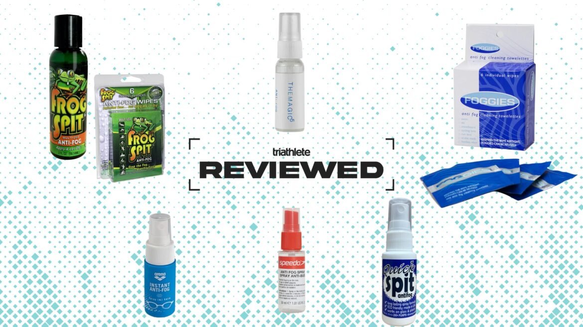 An image showing the Triathlete reviewed logo and seven anti-fog products for swim goggles.