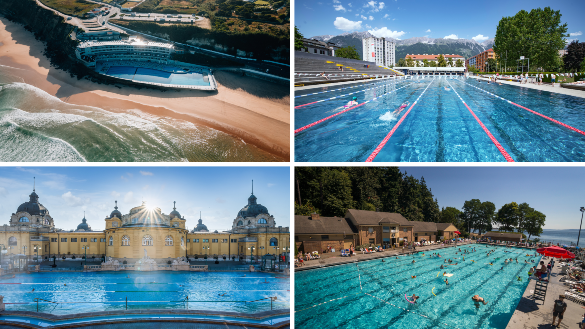 composite image of four scenic swimming pools near mountains, oceans, and stunning architecture