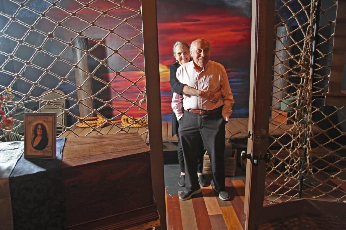 Executive producer, Gabe Barabas and his wife artistic director SuZanne Barabas on the stage that will feature the new play, Sins of the Mother where it will be performed at the New Jersey Repertory Theater. The theater is seen here in Long Branch, New Jersey on April 6, 2026.