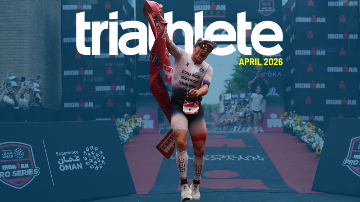 Kristian Blummenfelt of Norway breaks the tape at Ironman Texas with the Triathlete logo and the words April 2026 shown.