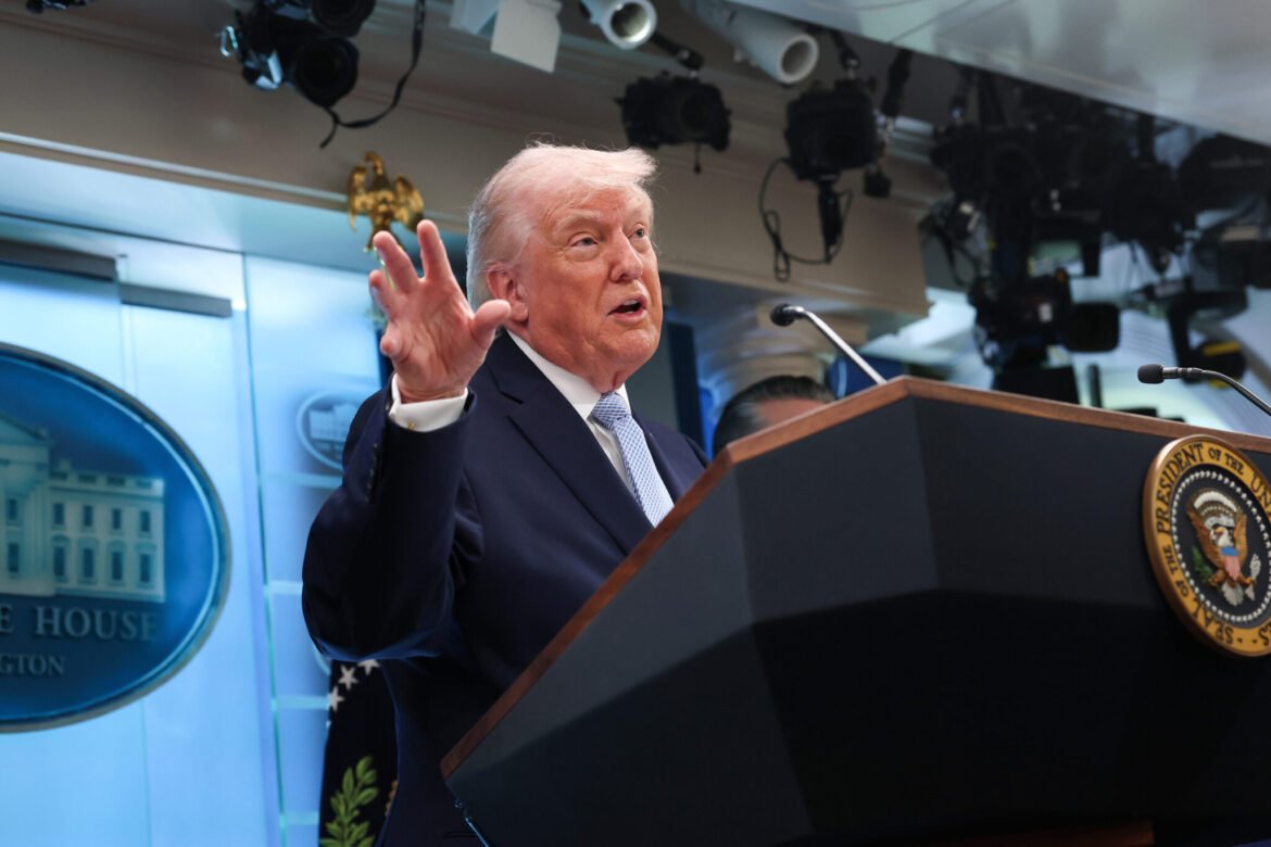 President Donald Trump gestures during a news conference in the White House briefing room on April 6, 2026. Trump spoke about the successful military mission to rescue a weapons systems officer whose fighter jet was shot down in Iran and possible further military action in Iran. (Photo by Anna Moneymaker/Getty Images)