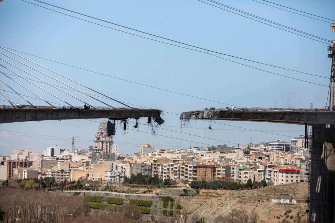 A view of the damaged B1 bridge, a day after it was destroyed by an airstrike, on April 3, 2026 west of Tehran in Karaj, Iran. (Photo by Majid Saeedi/Getty Images)