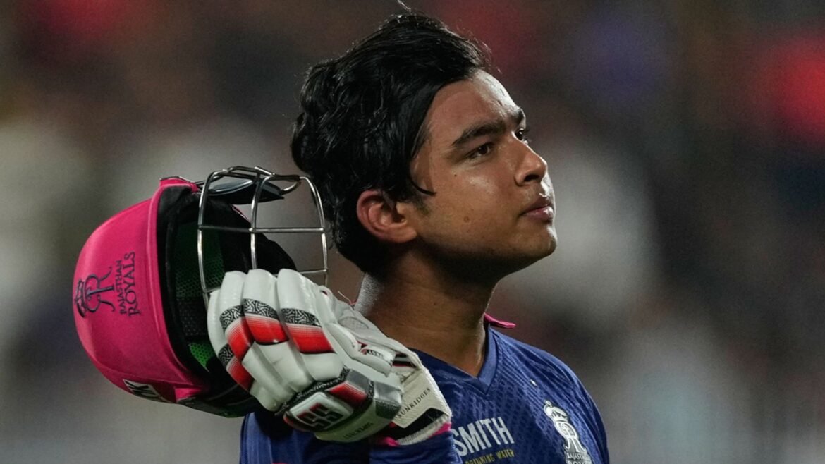 Rajasthan Royals' Vaibhav Sooryavanshi leaves the ground after losing his wicket during the Indian Premier League cricket match between Royal Challengers Bengaluru and Rajasthan Royals in Guwahati, India, Friday, April 10, 2026. (AP Photo/Anupam Nath)