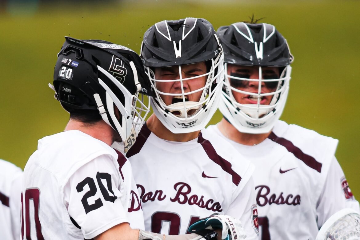 Hudson Villaruel (91) of Don Bosco is fired up after his goal with Brady Kushner (20) of Don Bosco during the NJSIAA Non-Public semifinal lacrosse game between Delbarton and Don Bosco Prep at the Delbarton School in Morristown, NJ on Friday, June 6, 2025.