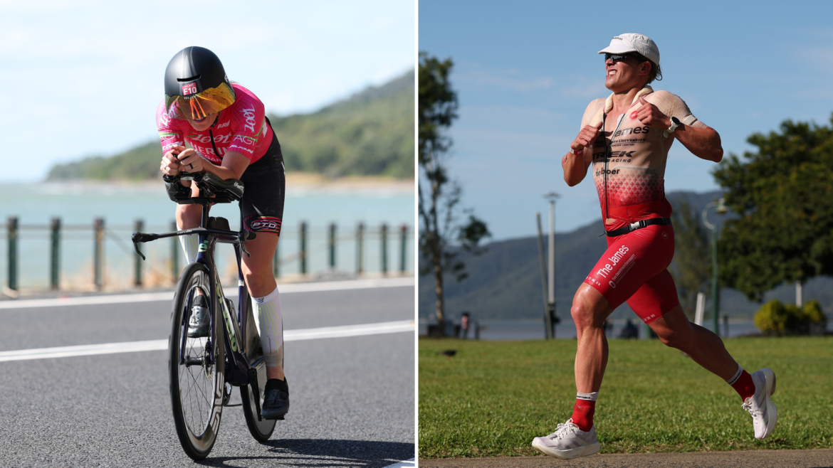 On the left, Jackie Hering rides during a triathlon race, and on the right Matthew Marquardt digs deep during the run of a triathlon.