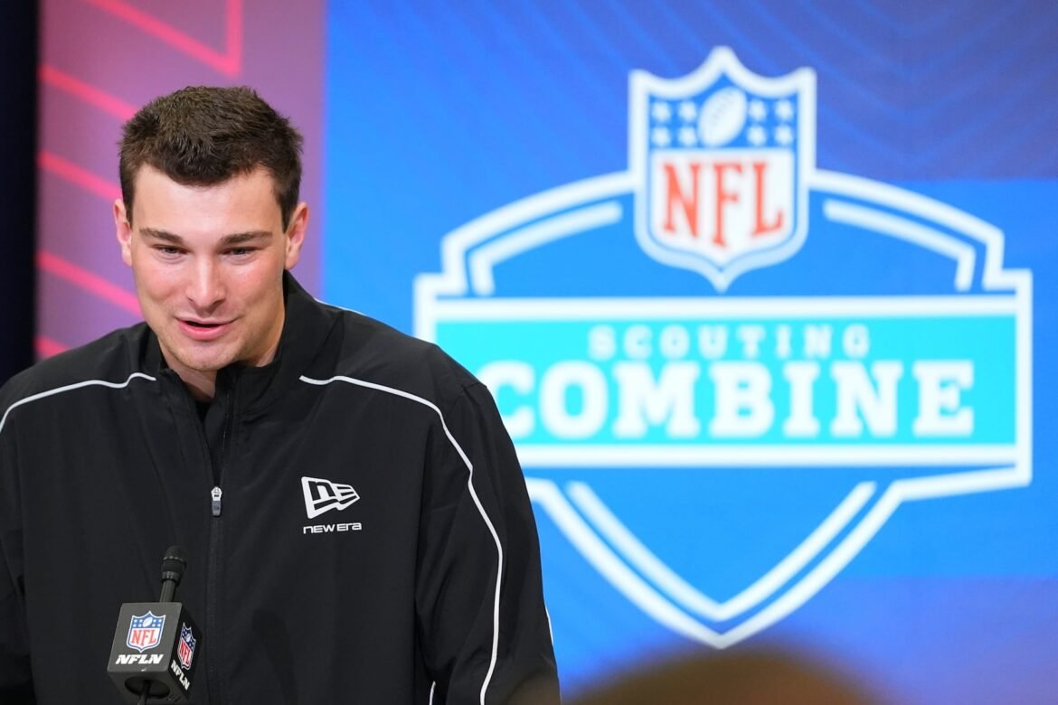 Indiana quarterback Fernando Mendoza (11) speaks during a news conference at the NFL football scouting combine in Indianapolis, Friday, Feb. 27, 2026. (AP Photo/Julio Cortez)