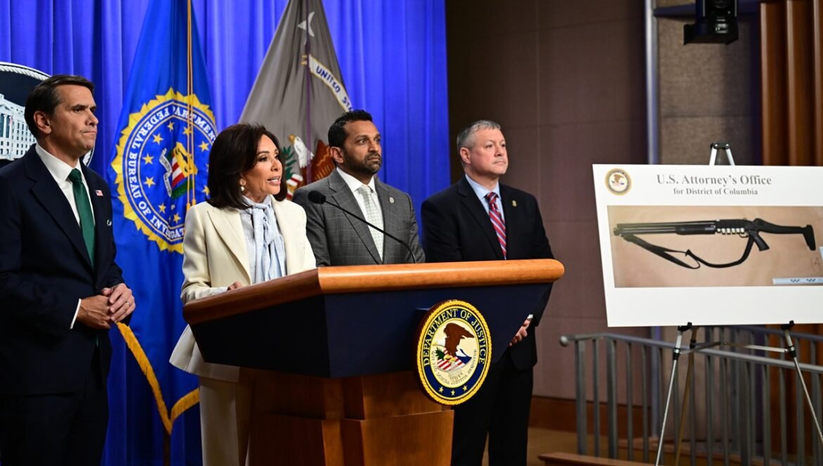 Jeanine Pirro, Kash Patel, and Darren Cox at a press conference