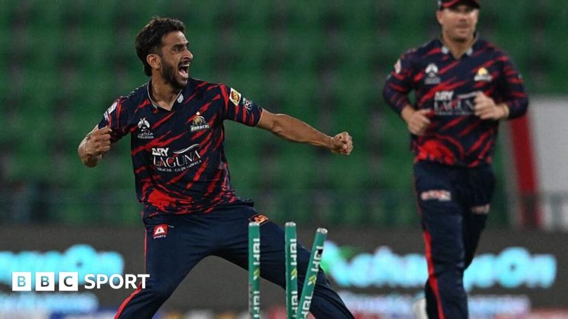 Hasan Ali celebrates taking the wicket of Quetta Gladiators' Tom Curran for Karachi Kings during their Pakistan Super League clash in March.