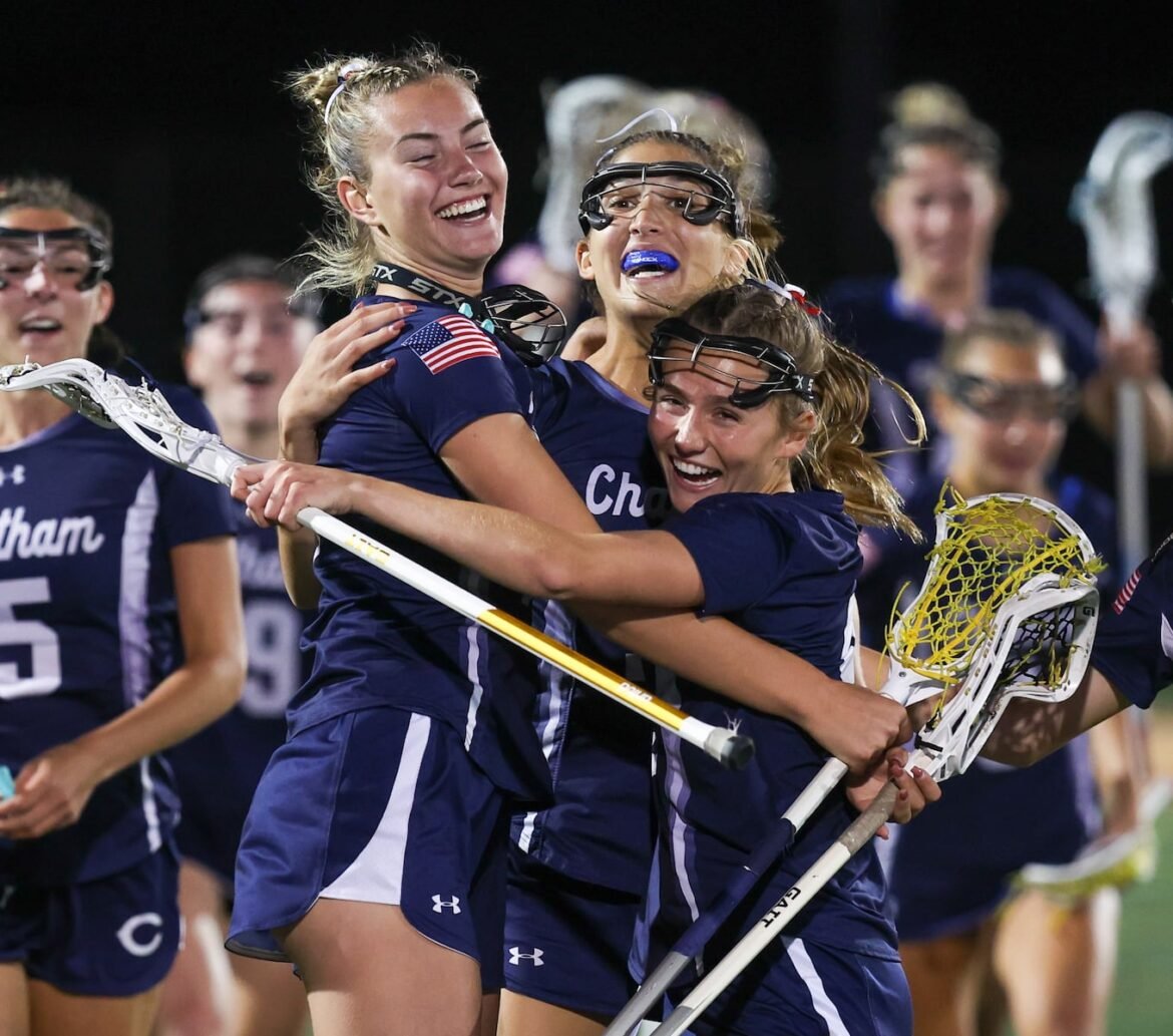 Claire Engelkraut, 3, Chatham, Sadie Clarke, 15, ChathamAnd Ashlyn Carpenter, 9, Chatham celebrate the win after the Chatham vs Mendham Morris County Finals girls lacrosse game in Mt. Olive, NJ on Saturday, May 10, 2025