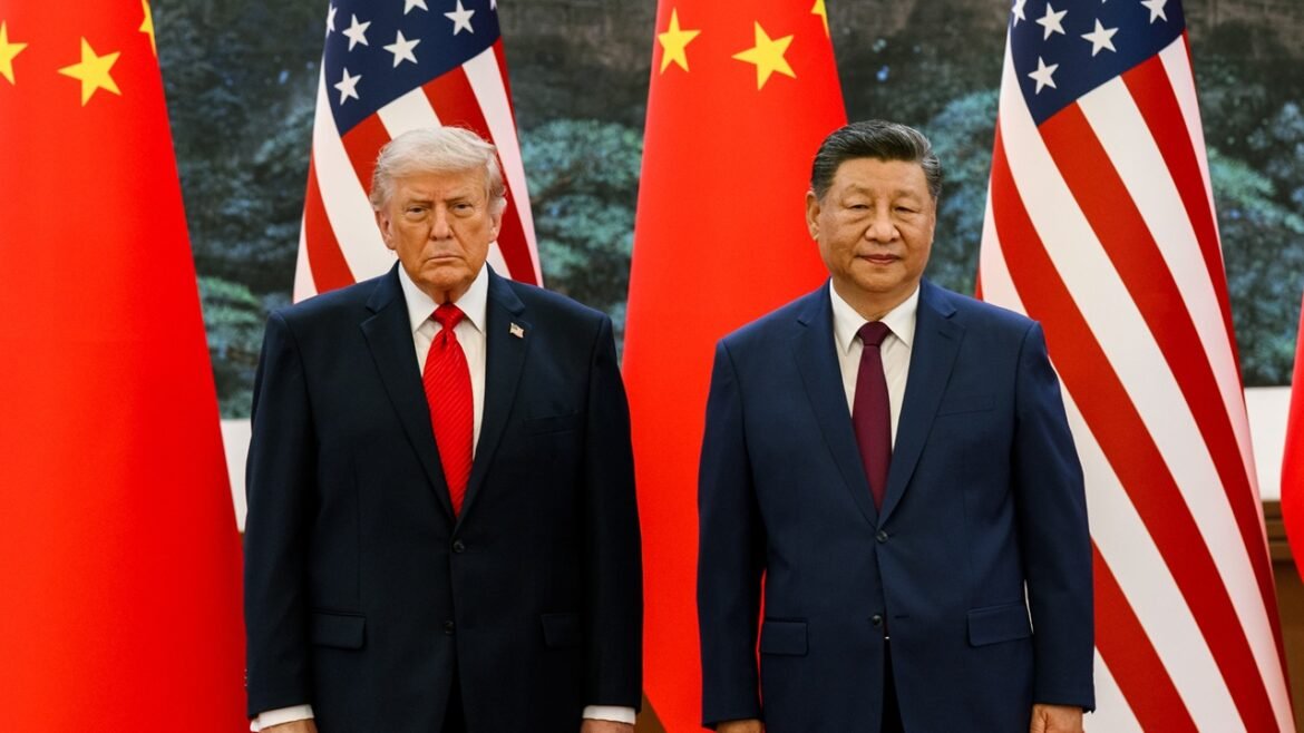 Donald Trump and Xi Jinping standing in front of flags
